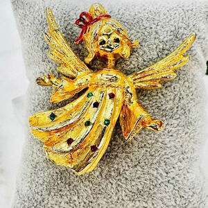 Vintage Christmas Angel Brooch Pin Gold-tone Red Green Rhinestone Holida…
